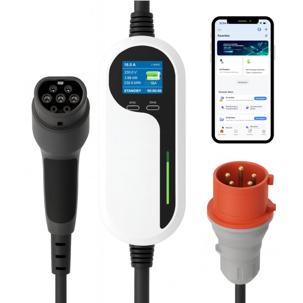 Loady mobiele laadpaal 11kW met app CEE 16A 3-fase naar type 2 kabel 5 meter (CX-PC-CEE-T2-3P-16A-5M-APP)